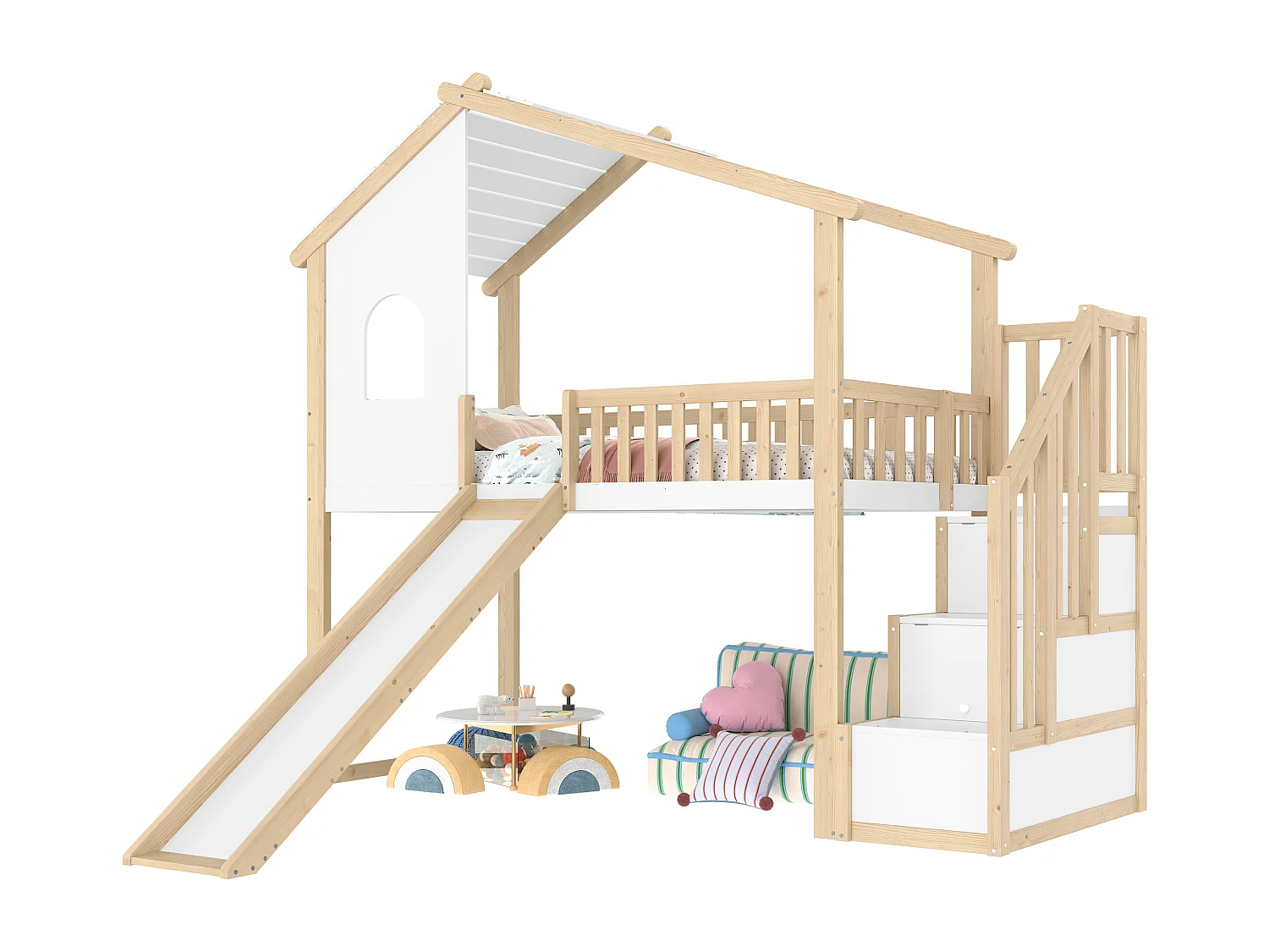 Cama alta infantil - 90 x 200 cm - com grade de cama + escada + janela + escorregador - pinho - natural + branco