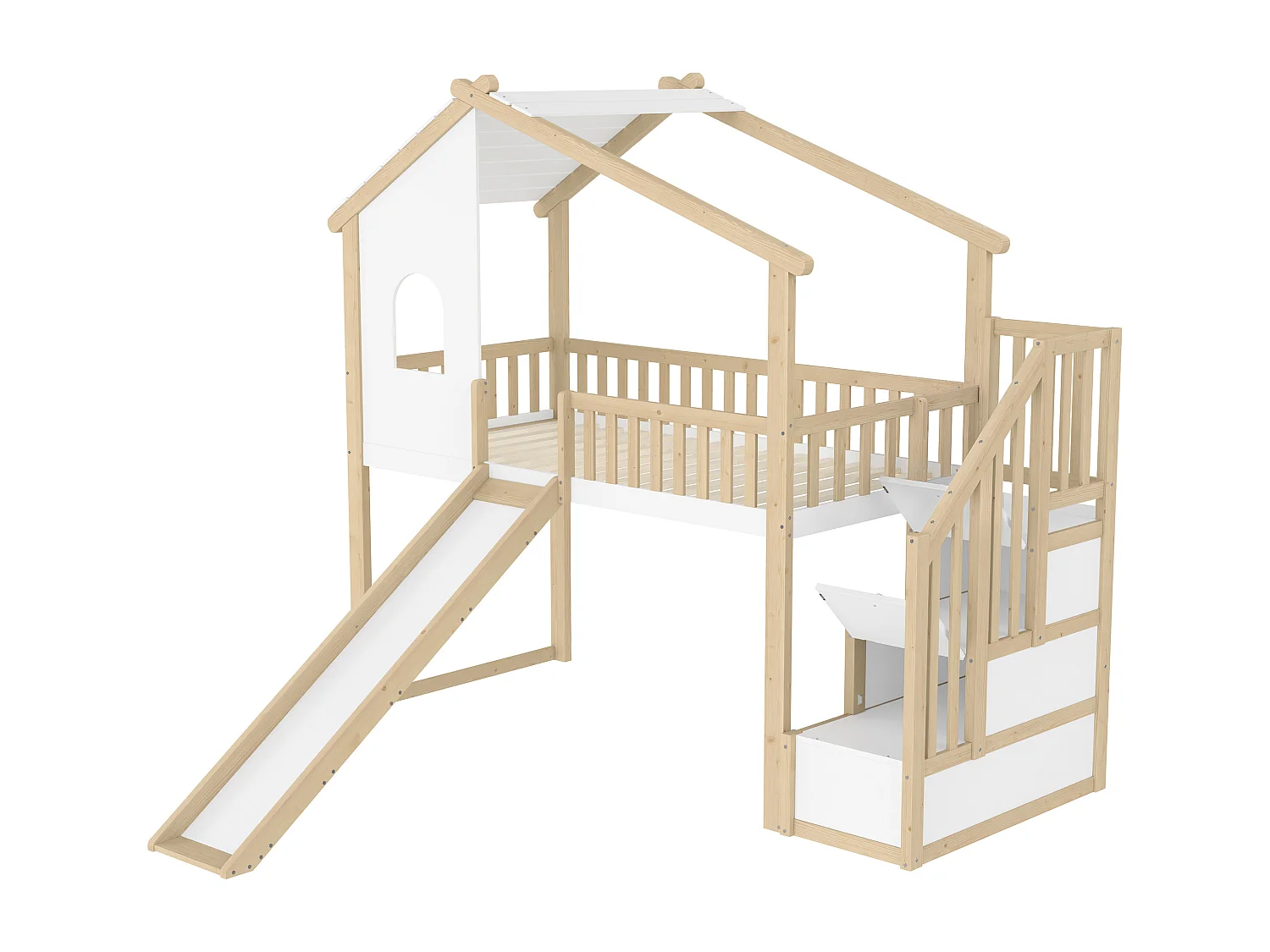 Cama alta infantil - 90 x 200 cm - com grade de cama + escada + janela + escorregador - pinho - natural + branco
