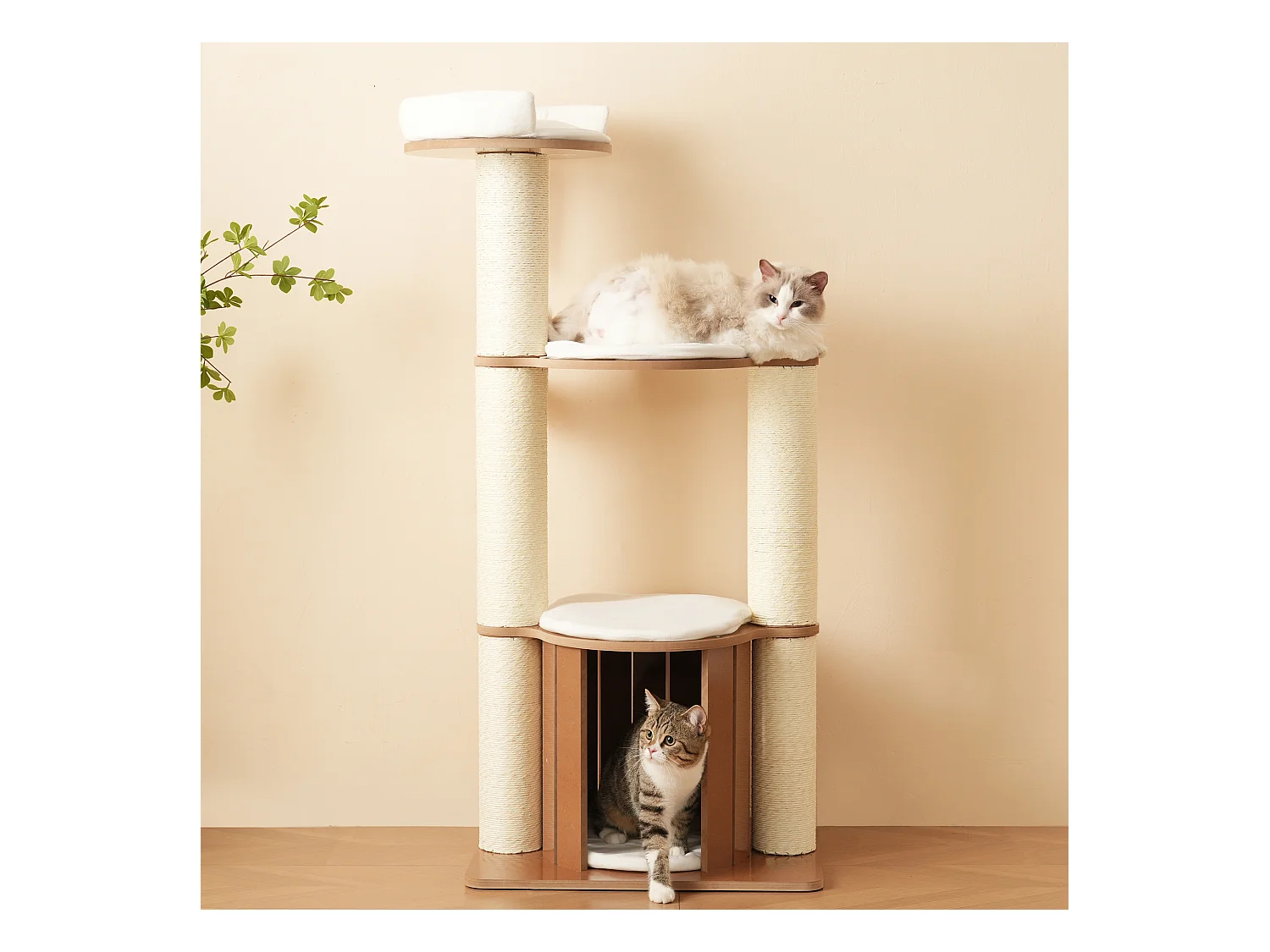 Arbre à chat - 60 x 48 x 135 cm - avec 3 plateformes + 1 maison + tapis amovibles - MDF - blanc