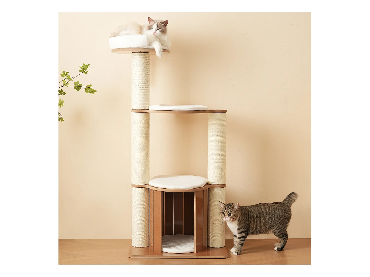 Arbre à chat - 60 x 48 x 135 cm - avec 3 plateformes + 1 maison + tapis amovibles - MDF - blanc