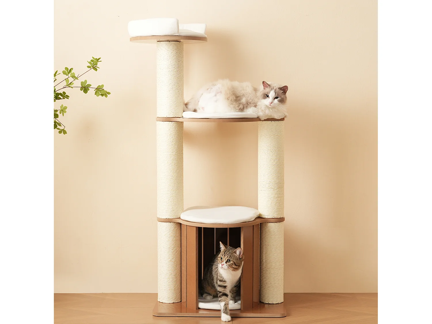 Arbre à chat - 60 x 48 x 135 cm - avec 3 plateformes + 1 maison + tapis amovibles - MDF - blanc