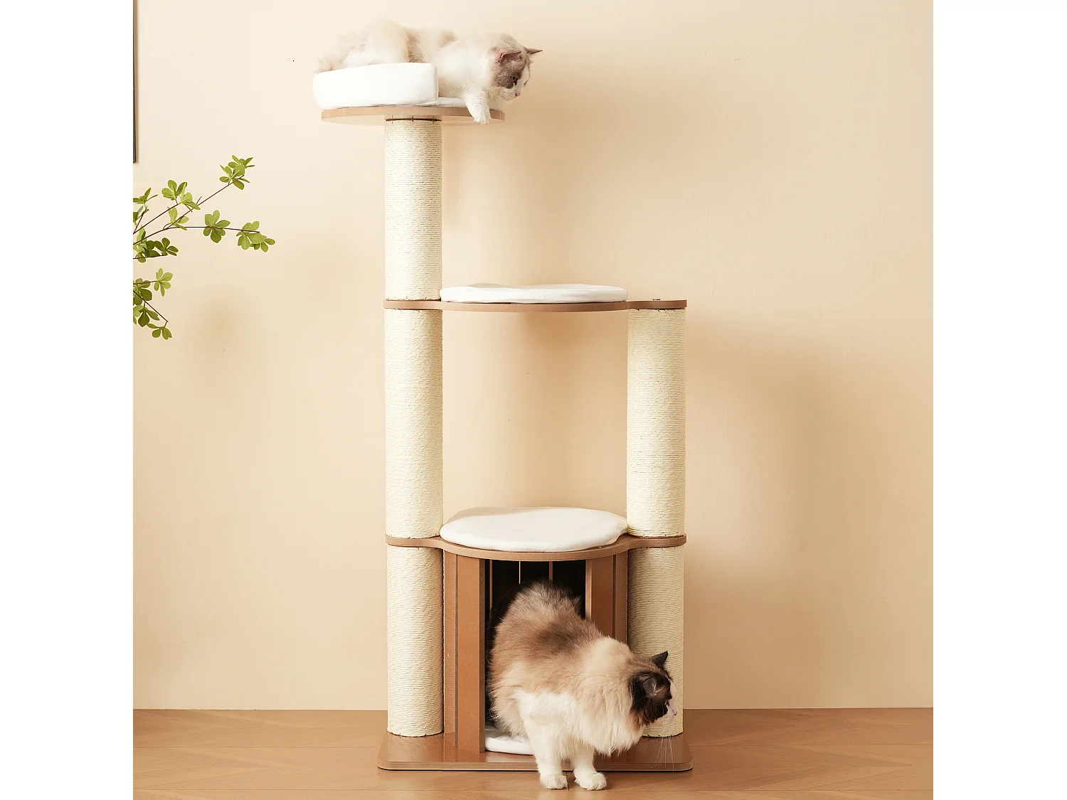 Arbre à chat - 60 x 48 x 135 cm - avec 3 plateformes + 1 maison + tapis amovibles - MDF - blanc