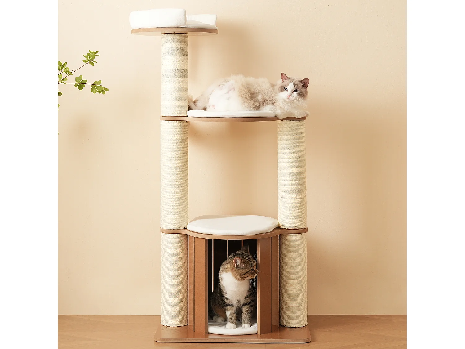 Arbre à chat - 60 x 48 x 135 cm - avec 3 plateformes + 1 maison + tapis amovibles - MDF - blanc