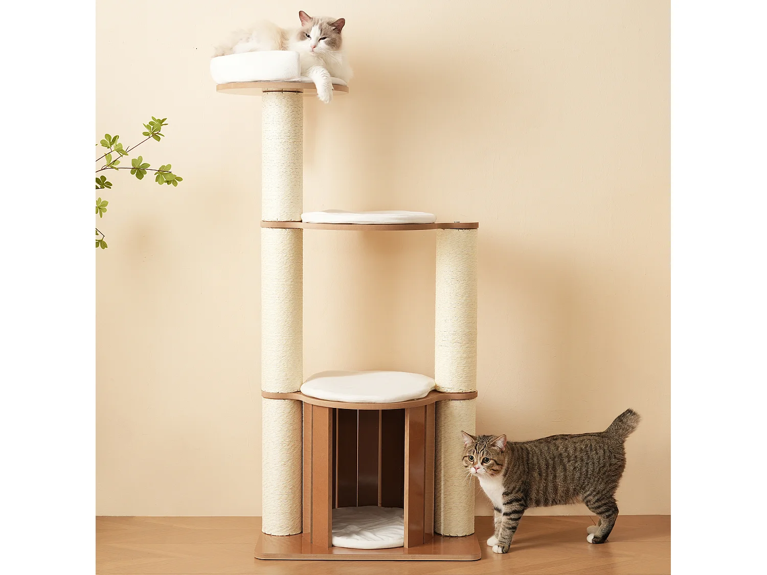 Arbre à chat - 60 x 48 x 135 cm - avec 3 plateformes + 1 maison + tapis amovibles - MDF - blanc