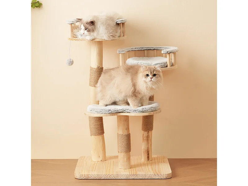 Kratzbaum – 60 x 48 x 98 cm – mit 3-stufigem Sprungbrett + abnehmbaren Kissen + Spielbällen – Holz – Grau