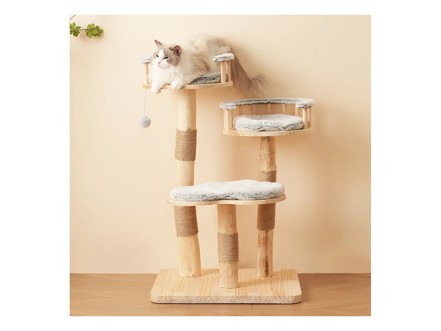 Arbre à chat - 60 x 48 x 98 cm - avec tremplin à 3 niveaux + coussins amovibles + balles de jeu - bois - gris