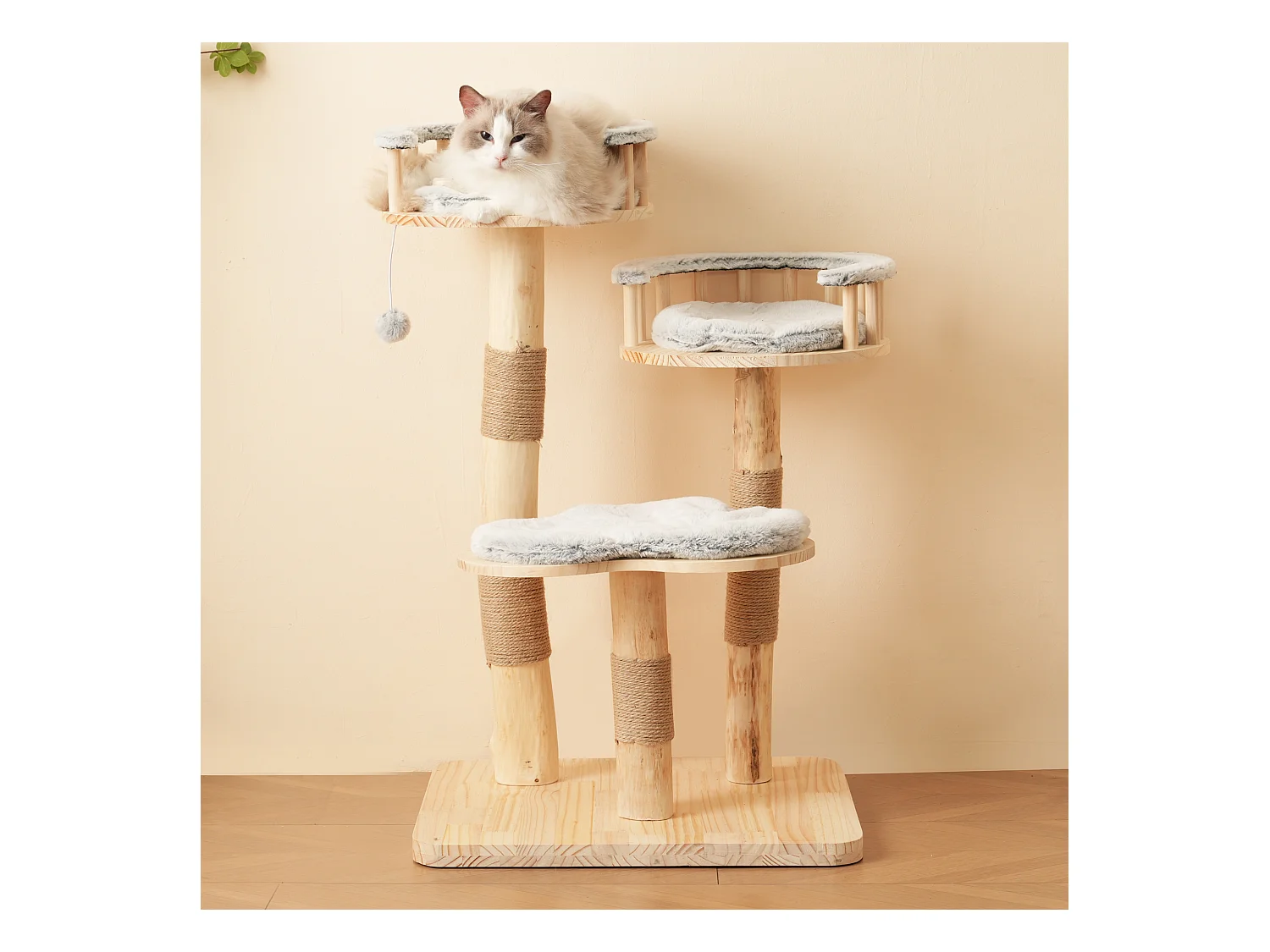 Arbre à chat - 60 x 48 x 98 cm - avec tremplin à 3 niveaux + coussins amovibles + balles de jeu - bois - gris