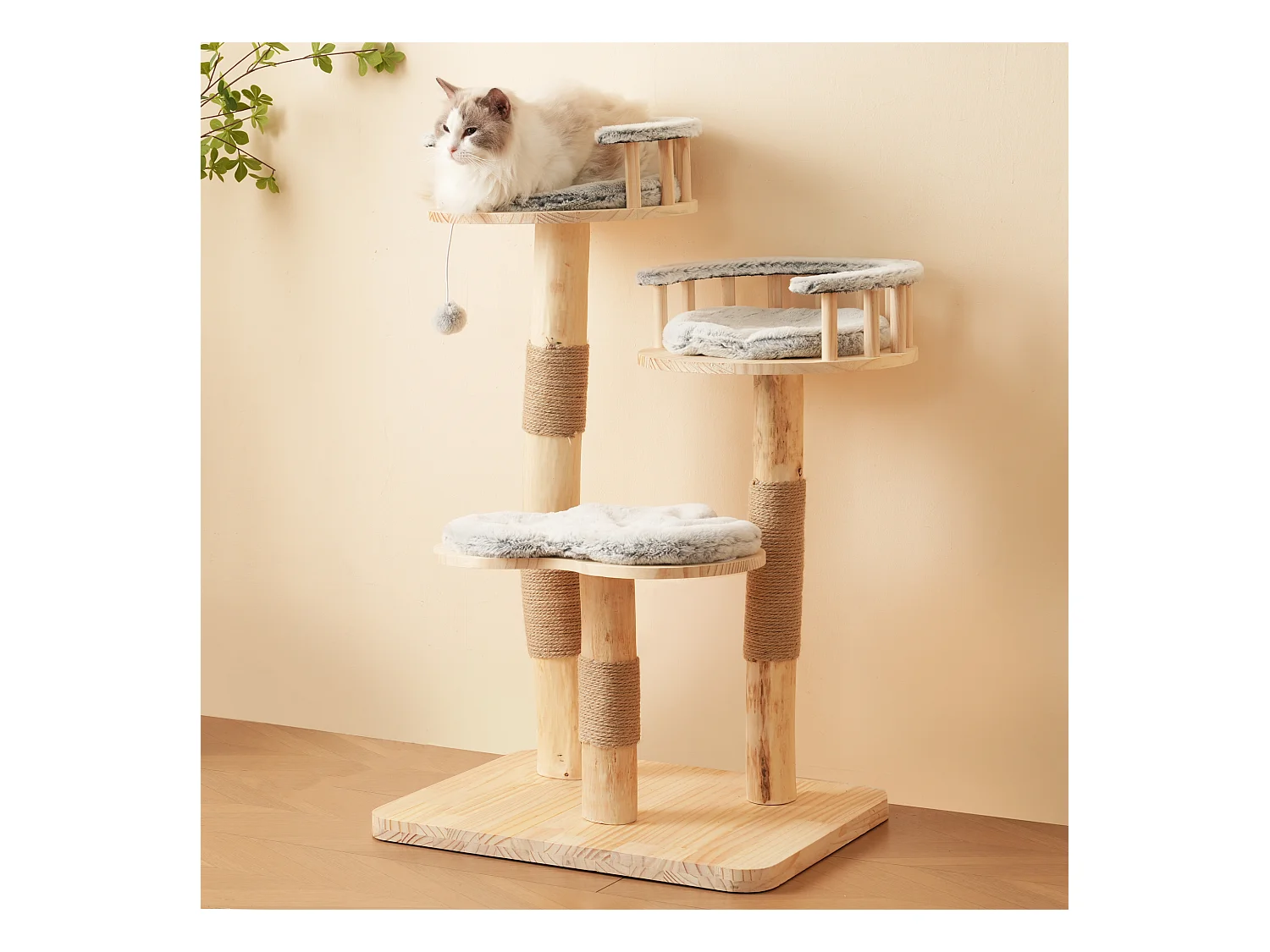 Arbre à chat - 60 x 48 x 98 cm - avec tremplin à 3 niveaux + coussins amovibles + balles de jeu - bois - gris