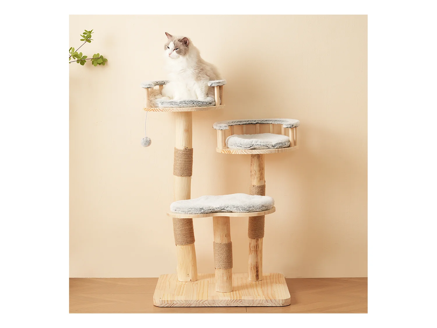 Arbre à chat - 60 x 48 x 98 cm - avec tremplin à 3 niveaux + coussins amovibles + balles de jeu - bois - gris