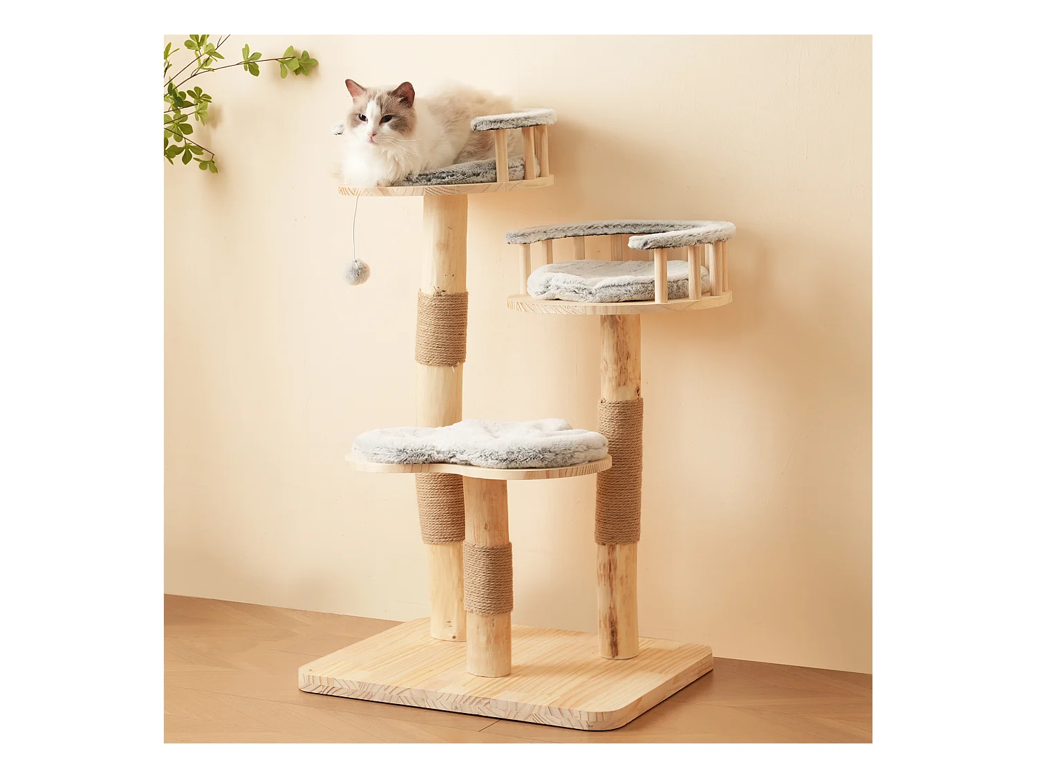 Arbre à chat - 60 x 48 x 98 cm - avec tremplin à 3 niveaux + coussins amovibles + balles de jeu - bois - gris