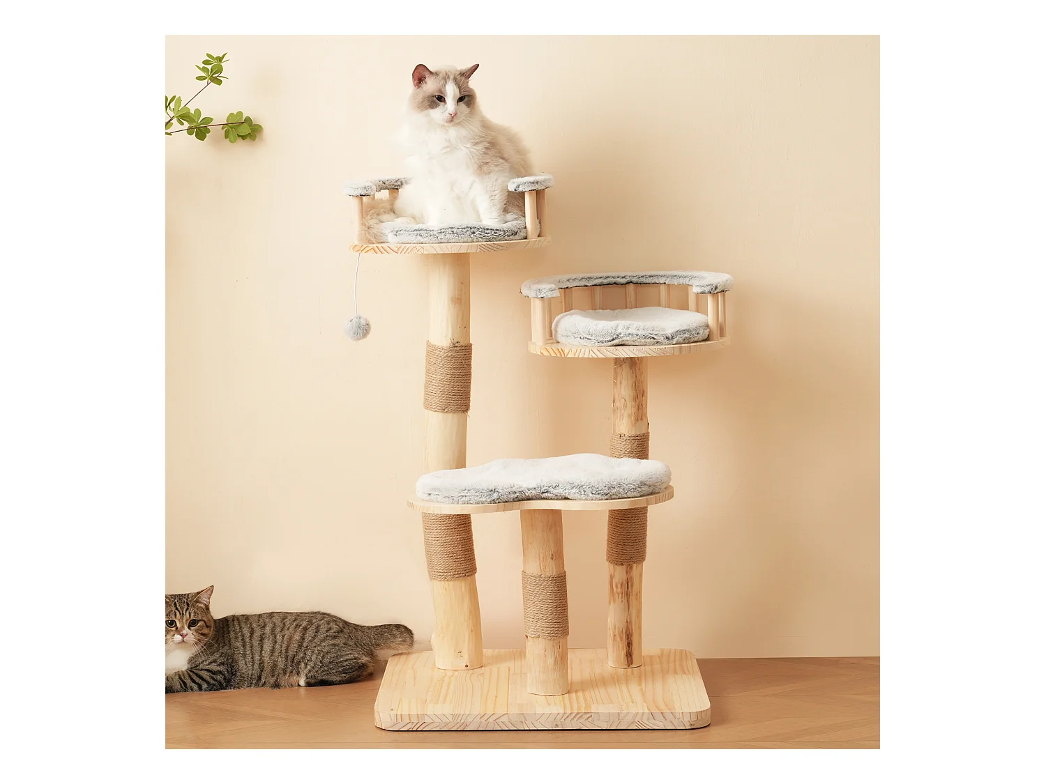 Arbre à chat - 60 x 48 x 98 cm - avec tremplin à 3 niveaux + coussins amovibles + balles de jeu - bois - gris