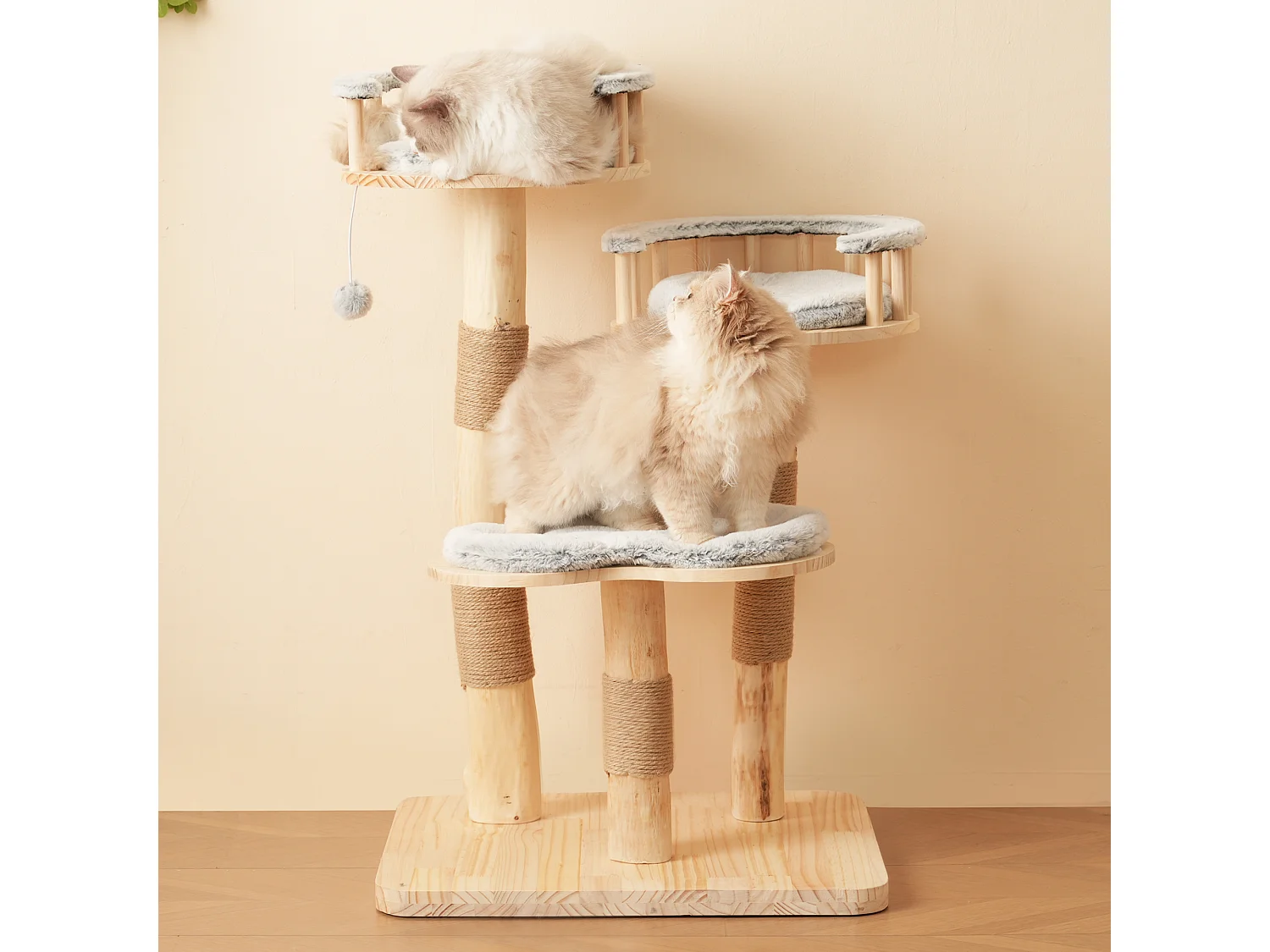 Arbre à chat - 60 x 48 x 98 cm - avec tremplin à 3 niveaux + coussins amovibles + balles de jeu - bois - gris