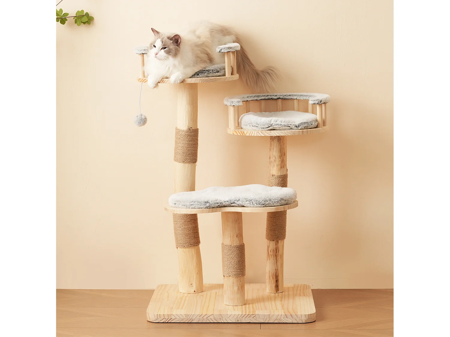 Arbre à chat - 60 x 48 x 98 cm - avec tremplin à 3 niveaux + coussins amovibles + balles de jeu - bois - gris