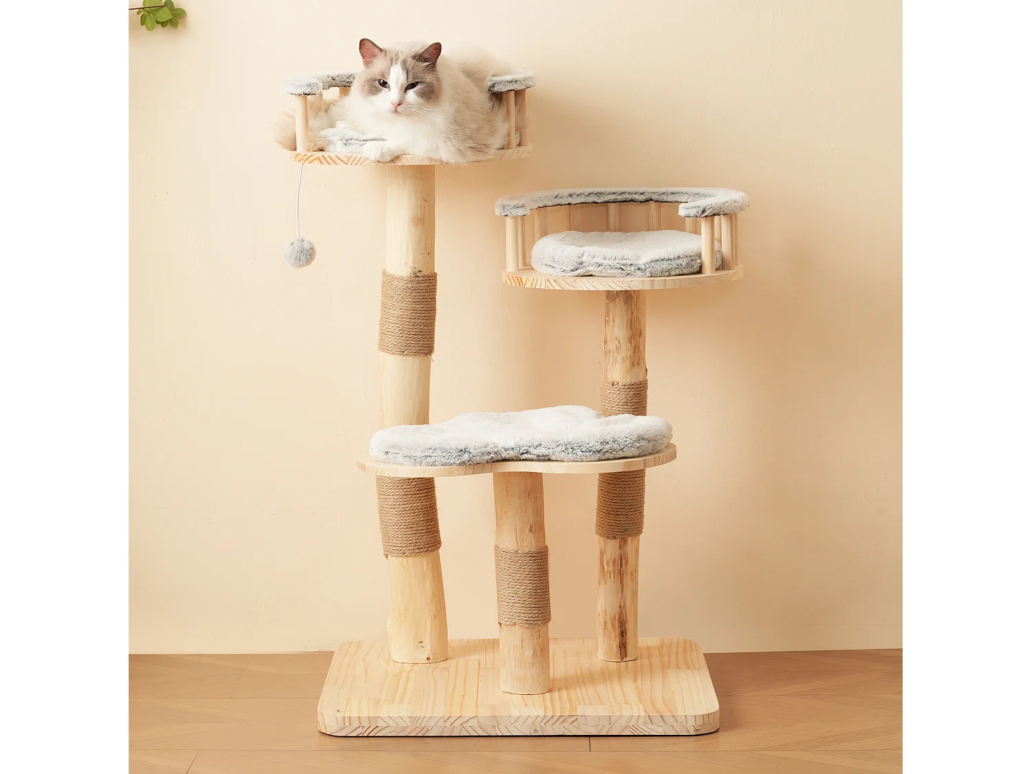 Arbre à chat - 60 x 48 x 98 cm - avec tremplin à 3 niveaux + coussins amovibles + balles de jeu - bois - gris