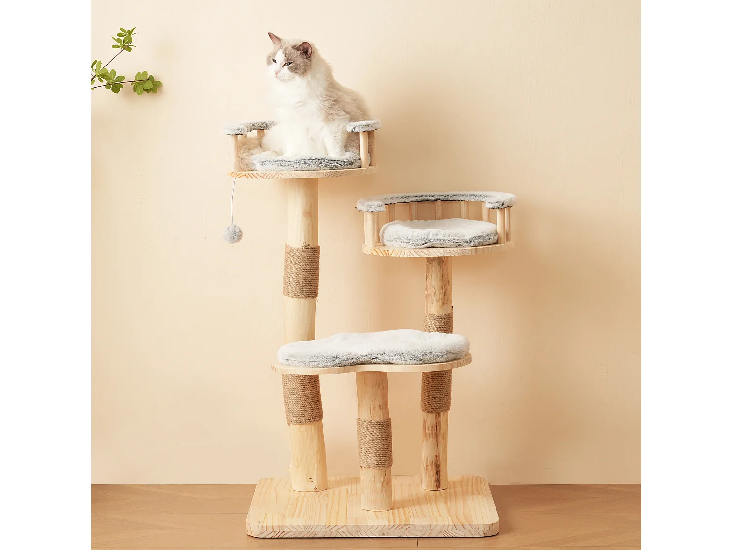 Arbre à chat - 60 x 48 x 98 cm - avec tremplin à 3 niveaux + coussins amovibles + balles de jeu - bois - gris