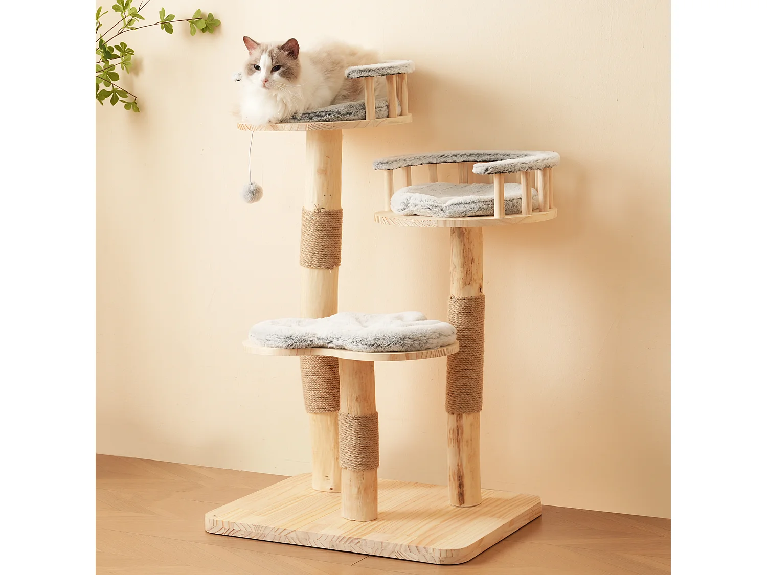 Arbre à chat - 60 x 48 x 98 cm - avec tremplin à 3 niveaux + coussins amovibles + balles de jeu - bois - gris