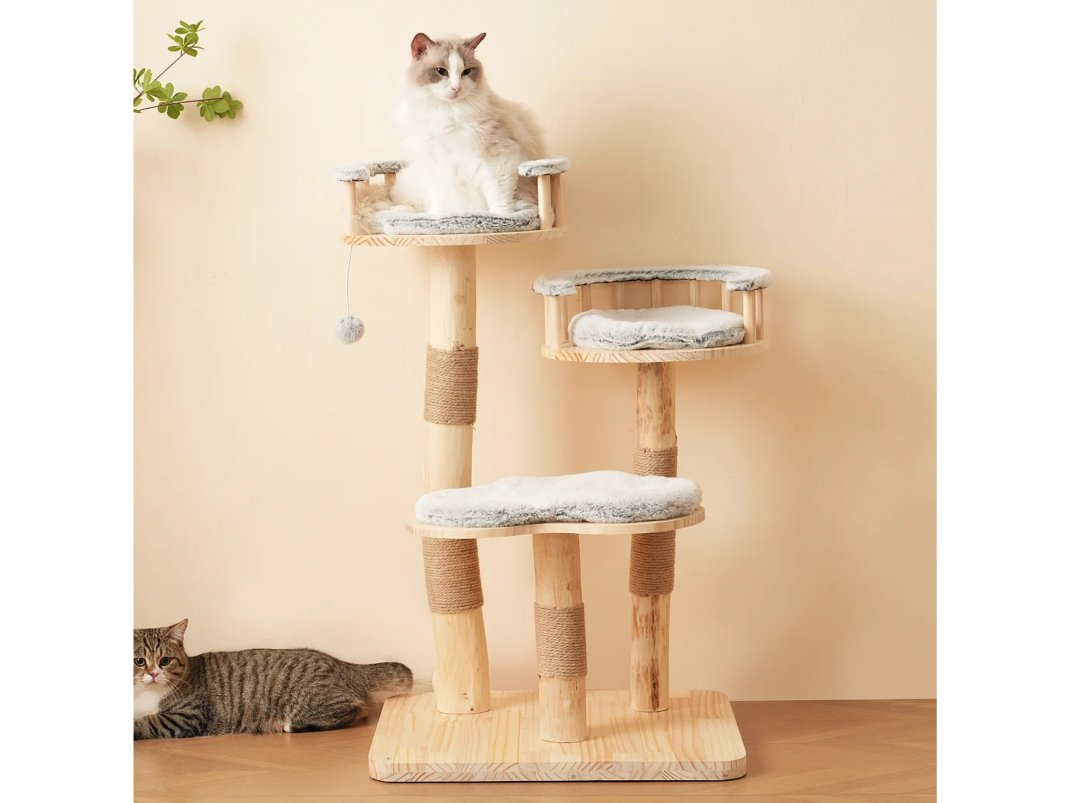 Arbre à chat - 60 x 48 x 98 cm - avec tremplin à 3 niveaux + coussins amovibles + balles de jeu - bois - gris