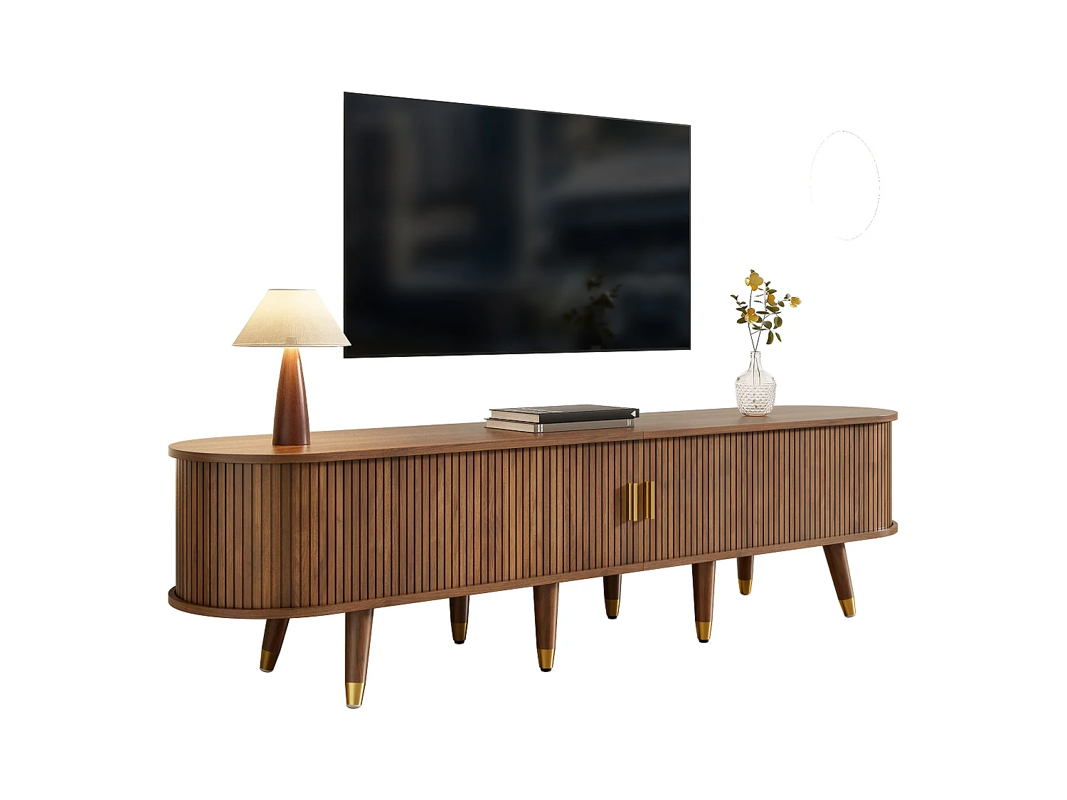 Meuble TV avec porte coulissante en rotin - 175 x 38 x 45 cm - avec 2 tiroirs  - MDF - naturel
