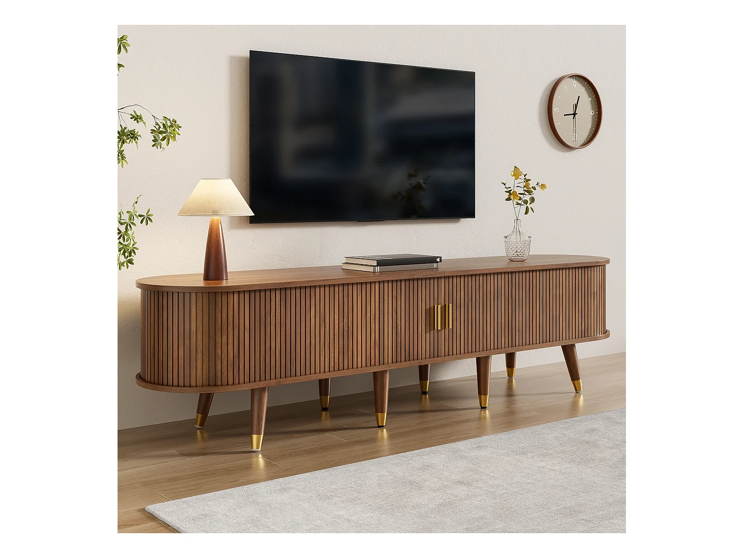 Meuble TV avec porte coulissante en rotin - 175 x 38 x 45 cm - avec 2 tiroirs  - MDF - naturel