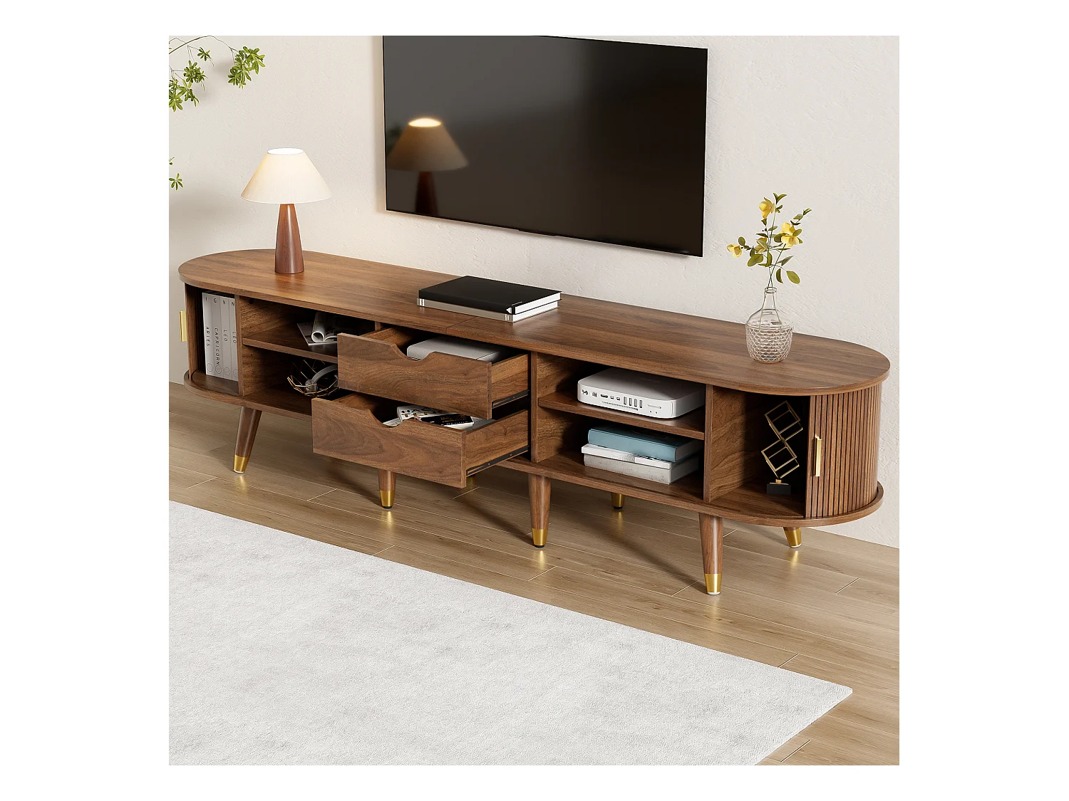Meuble TV avec porte coulissante en rotin - 175 x 38 x 45 cm - avec 2 tiroirs  - MDF - naturel