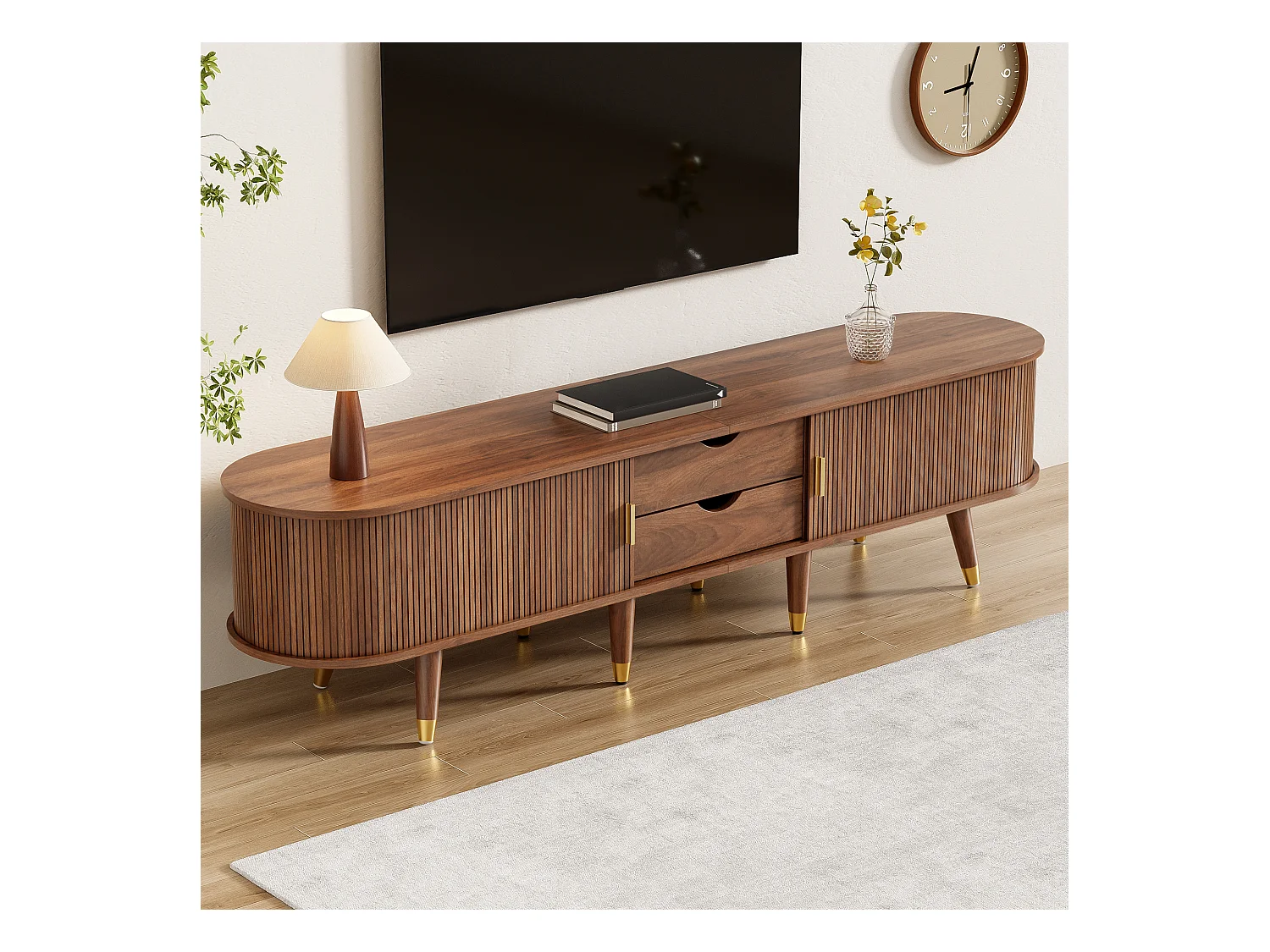 Meuble TV avec porte coulissante en rotin - 175 x 38 x 45 cm - avec 2 tiroirs  - MDF - naturel