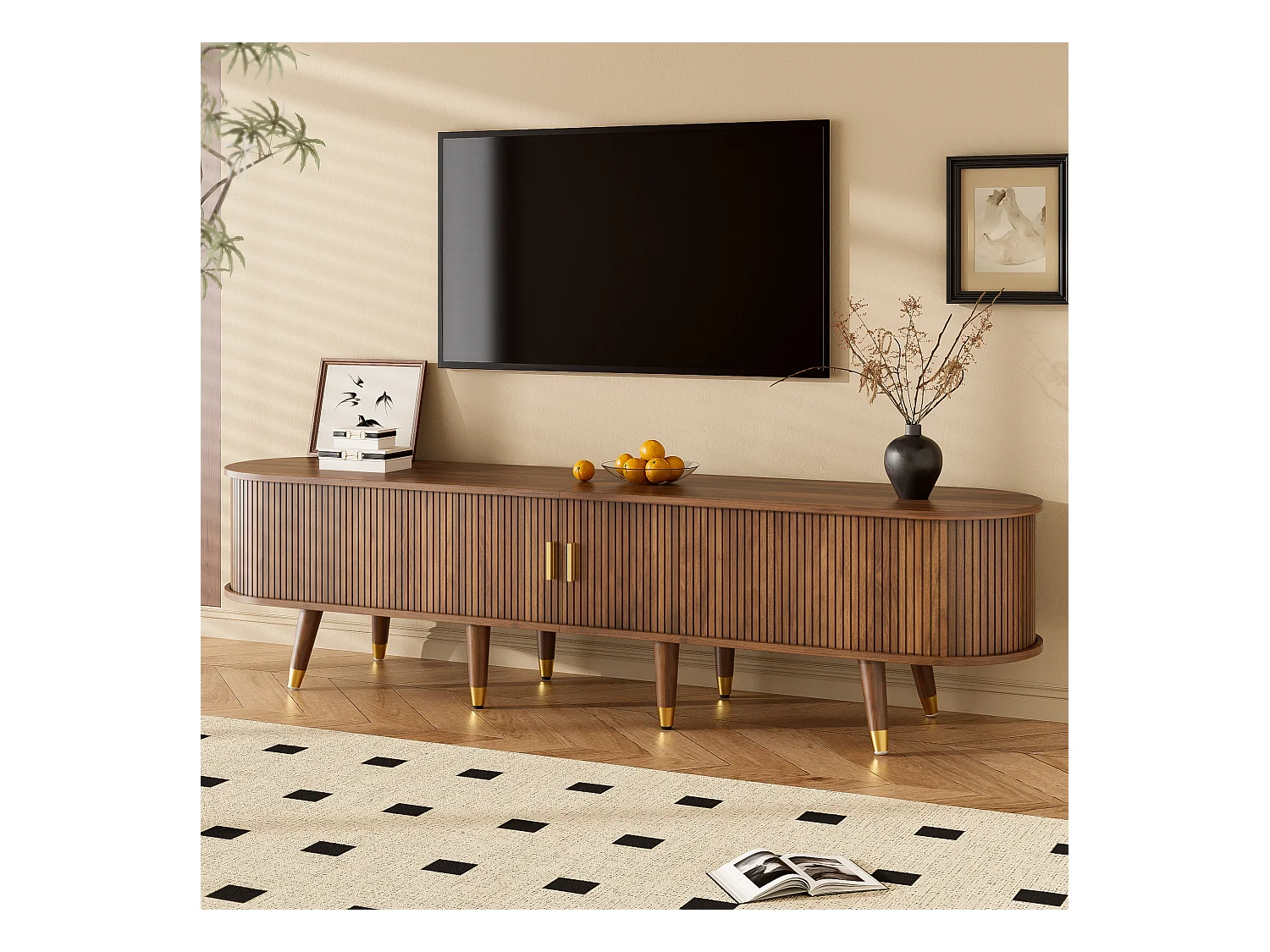 Meuble TV avec porte coulissante en rotin - 175 x 38 x 45 cm - avec 2 tiroirs  - MDF - naturel