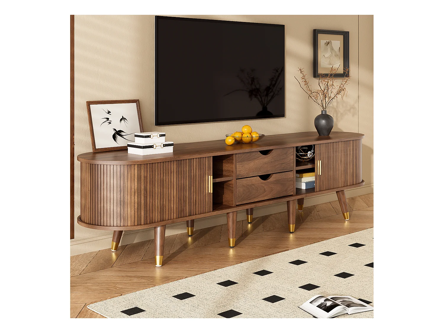 Meuble TV avec porte coulissante en rotin - 175 x 38 x 45 cm - avec 2 tiroirs  - MDF - naturel