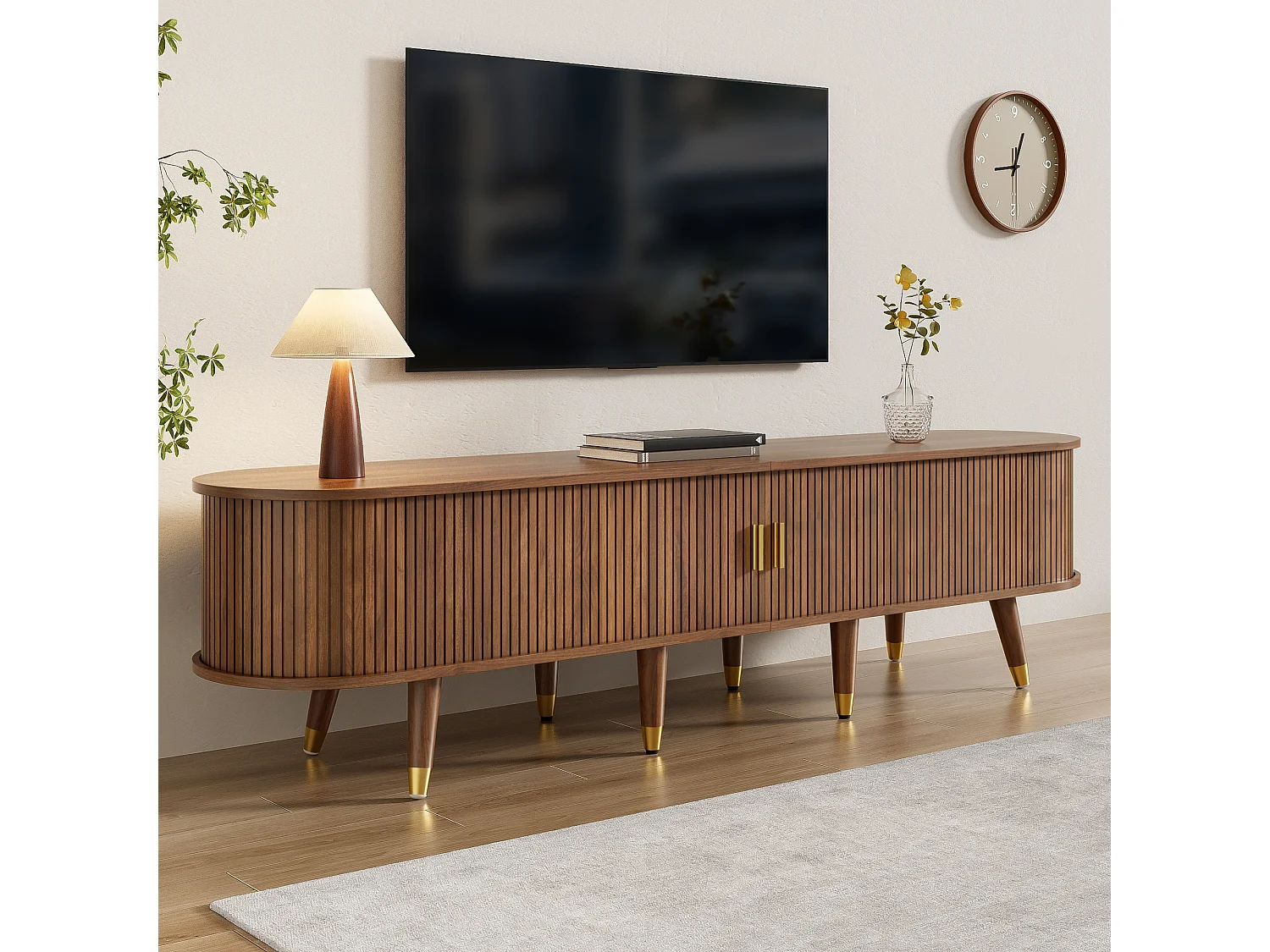 Meuble TV avec porte coulissante en rotin - 175 x 38 x 45 cm - avec 2 tiroirs  - MDF - naturel