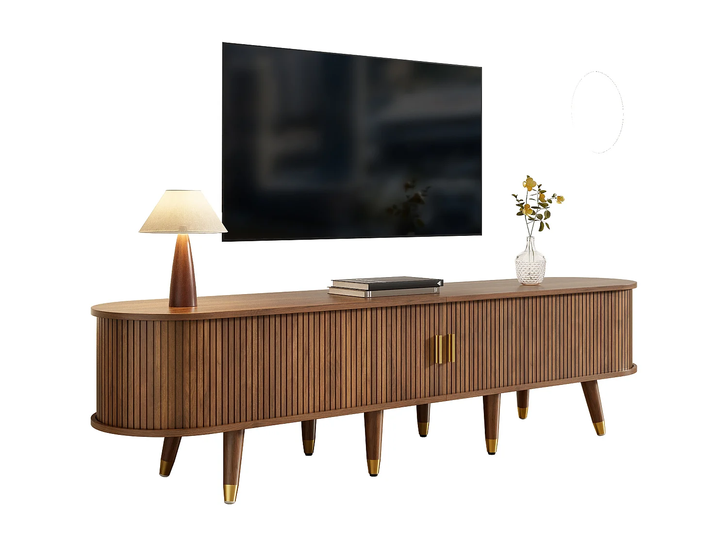 Mueble de TV de ratán con puerta corredera - 175 x 38 x 45 cm - con 2 cajones - MDF - natural