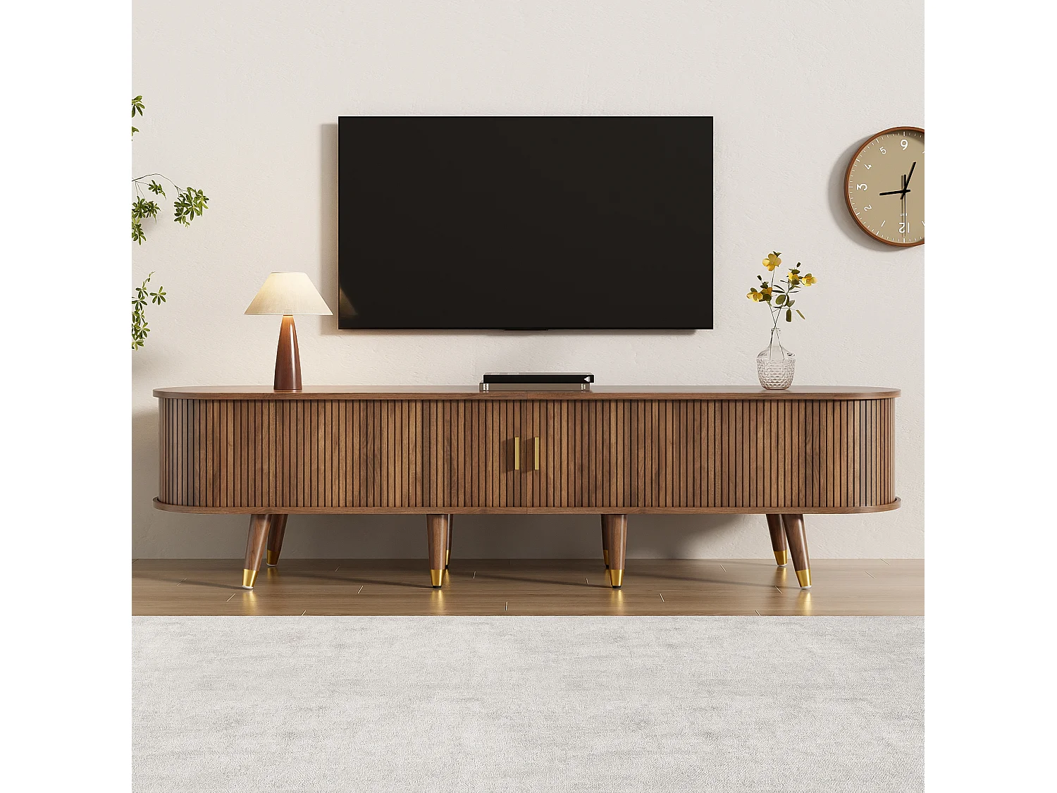 Mueble de TV de ratán con puerta corredera - 175 x 38 x 45 cm - con 2 cajones - MDF - natural