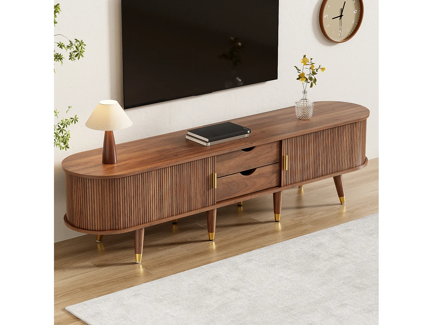 Mueble de TV de ratán con puerta corredera - 175 x 38 x 45 cm - con 2 cajones - MDF - natural