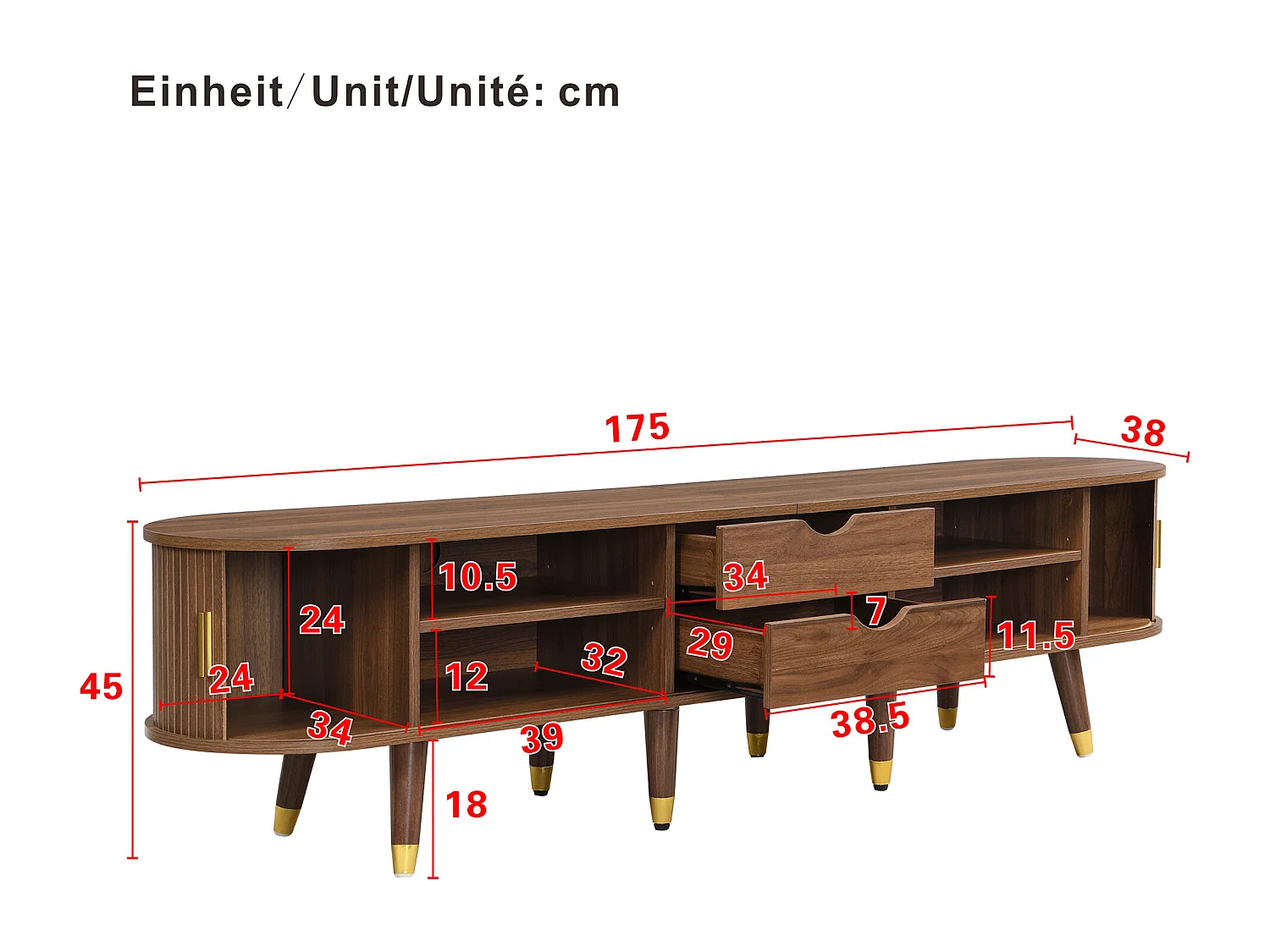Mueble de TV de ratán con puerta corredera - 175 x 38 x 45 cm - con 2 cajones - MDF - natural