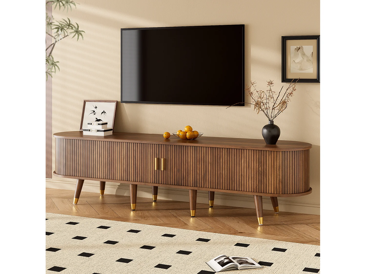 Mueble de TV de ratán con puerta corredera - 175 x 38 x 45 cm - con 2 cajones - MDF - natural