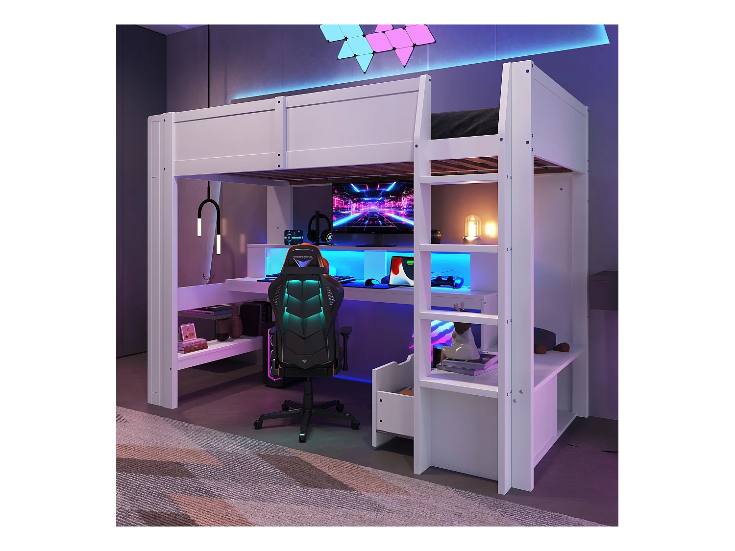 Kinderhochbett - 90 x 200 cm - mit Schreibtisch + LEDs + 1 Schublade + Regale - Kiefer - weiß