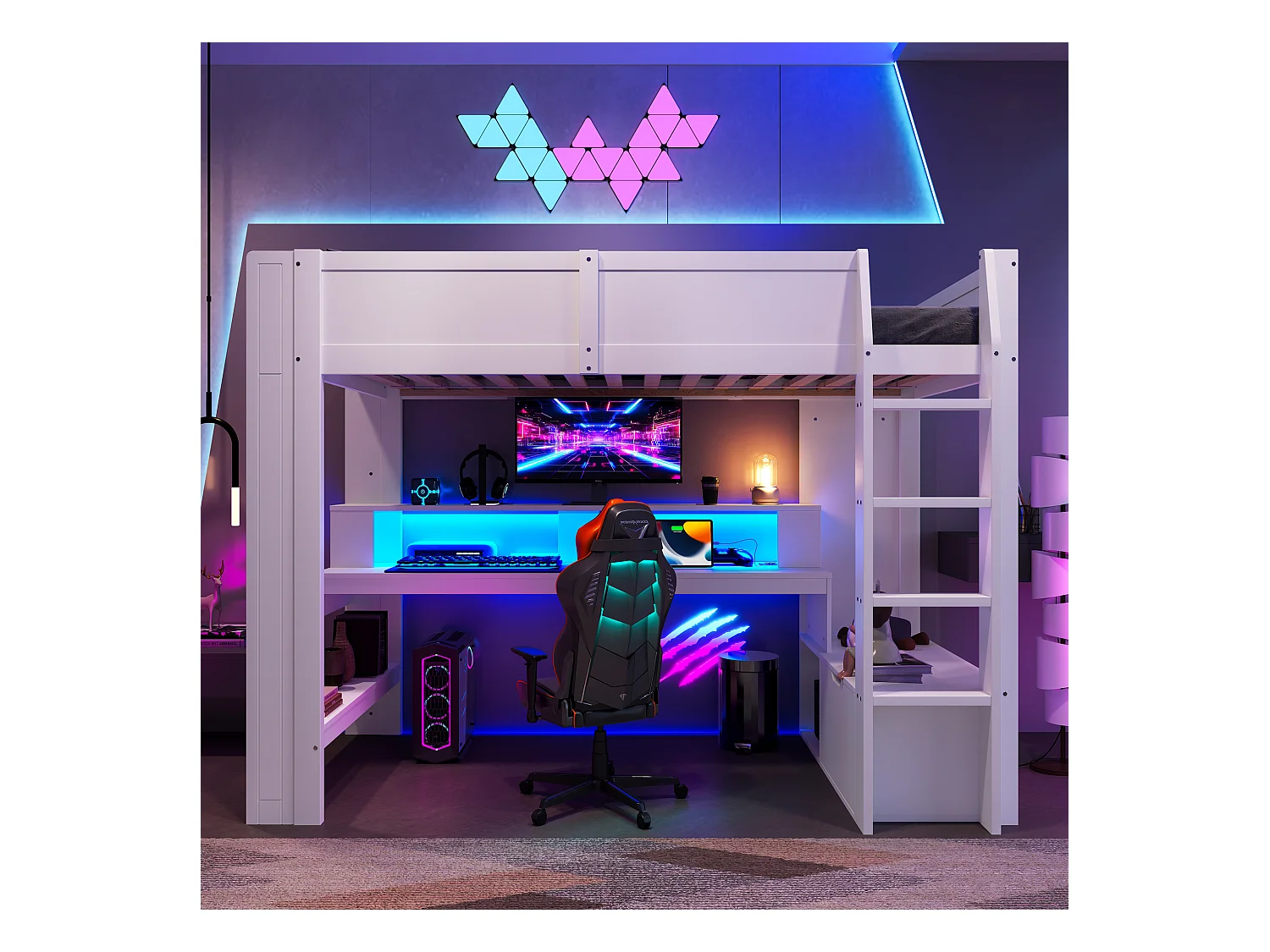 Kinderhochbett - 90 x 200 cm - mit Schreibtisch + LEDs + 1 Schublade + Regale - Kiefer - weiß