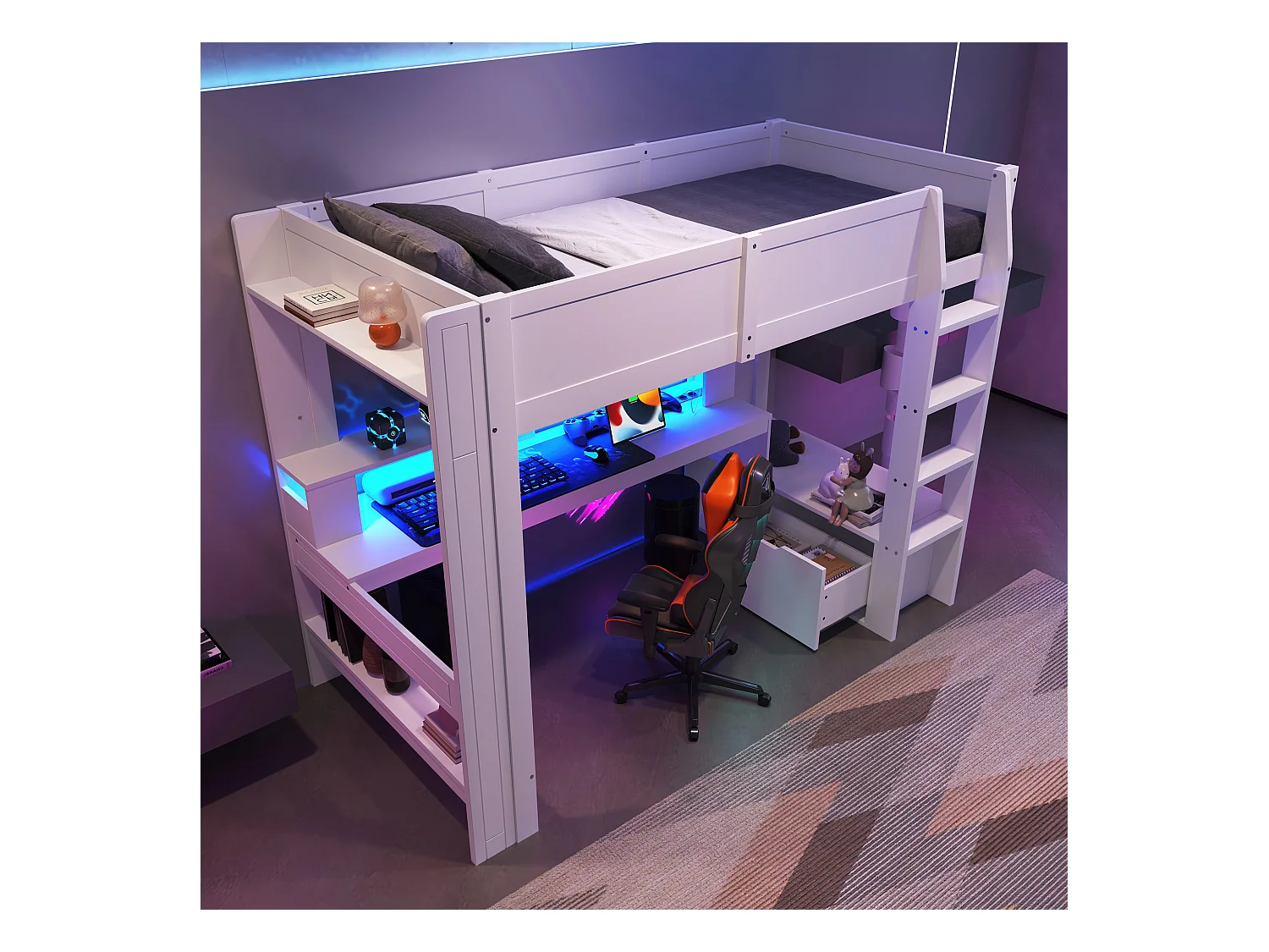 Kinderhochbett - 90 x 200 cm - mit Schreibtisch + LEDs + 1 Schublade + Regale - Kiefer - weiß