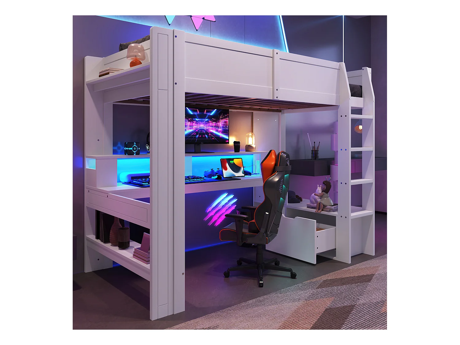 Kinderhochbett - 90 x 200 cm - mit Schreibtisch + LEDs + 1 Schublade + Regale - Kiefer - weiß