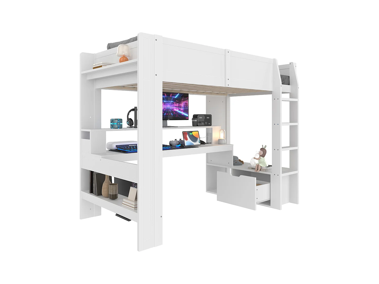 Kinderhochbett - 90 x 200 cm - mit Schreibtisch + LEDs + 1 Schublade + Regale - Kiefer - weiß