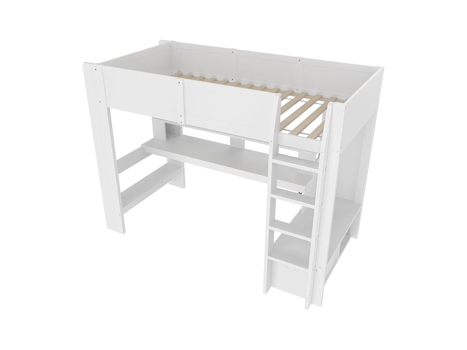 Kinderhochbett - 90 x 200 cm - mit Schreibtisch + LEDs + 1 Schublade + Regale - Kiefer - weiß