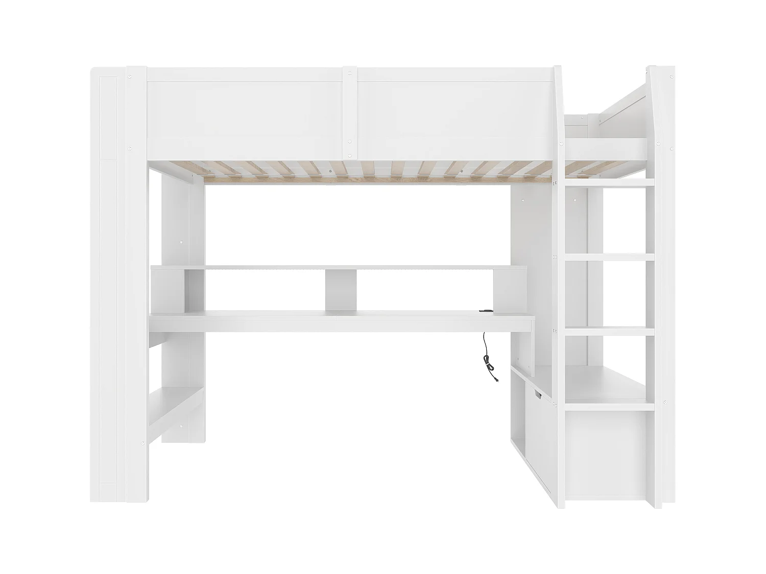 Kinderhochbett - 90 x 200 cm - mit Schreibtisch + LEDs + 1 Schublade + Regale - Kiefer - weiß