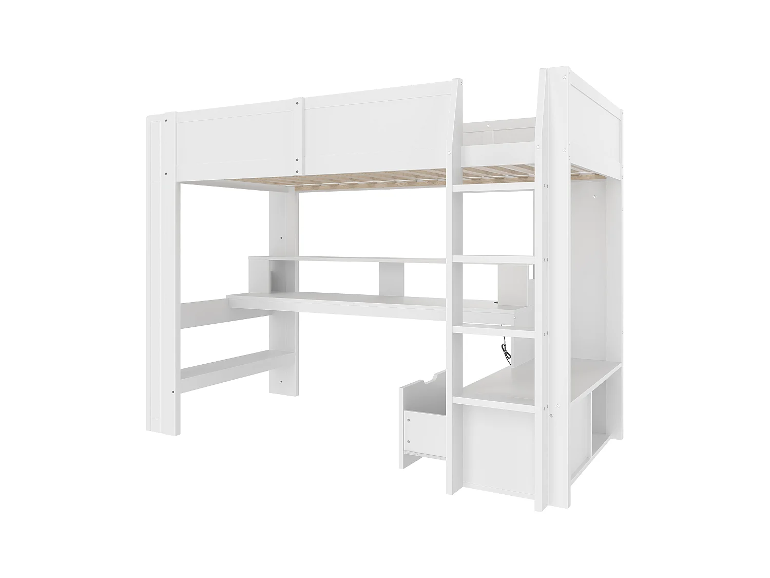 Kinderhochbett - 90 x 200 cm - mit Schreibtisch + LEDs + 1 Schublade + Regale - Kiefer - weiß