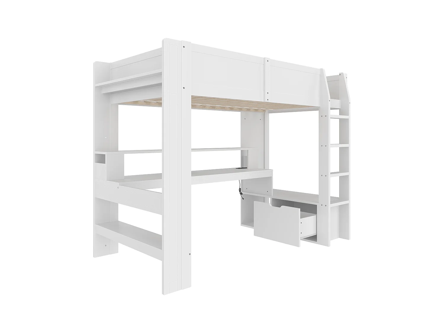 Kinderhochbett - 90 x 200 cm - mit Schreibtisch + LEDs + 1 Schublade + Regale - Kiefer - weiß