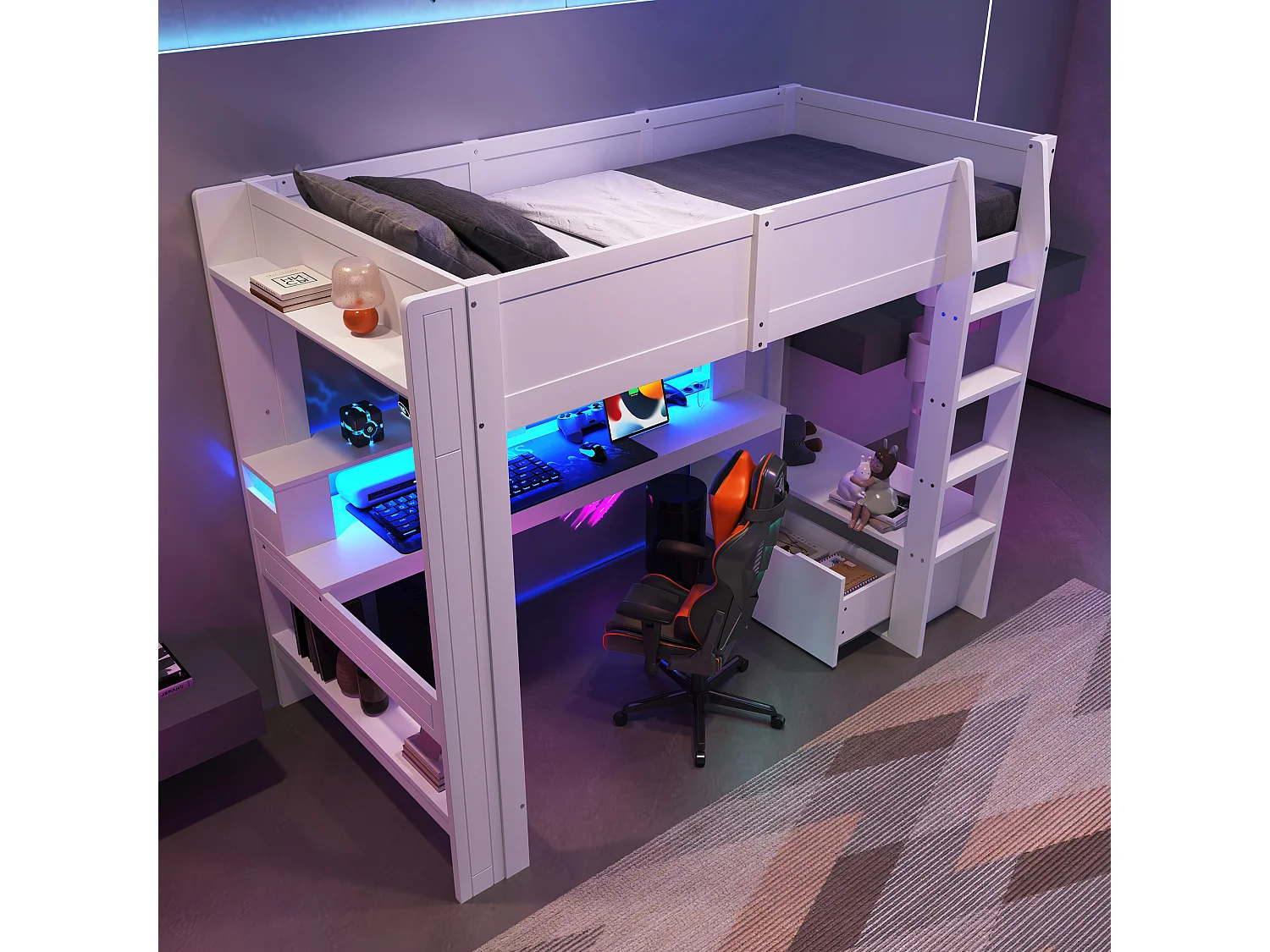 Lit mezzanine enfant - 90 x 200 cm - avec bureau + Leds + 1 tiroir + étagères - pin - blanc