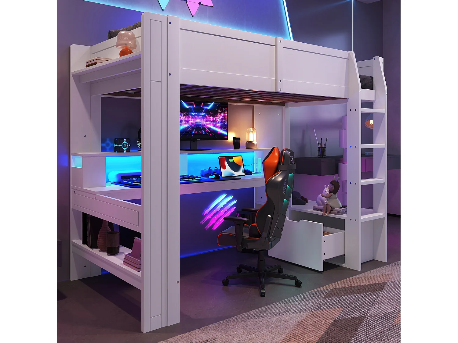 Lit mezzanine enfant - 90 x 200 cm - avec bureau + Leds + 1 tiroir + étagères - pin - blanc