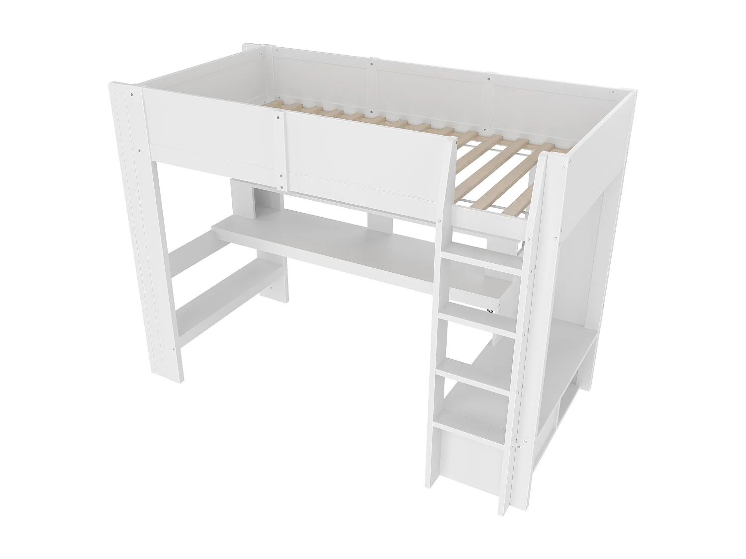 Lit mezzanine enfant - 90 x 200 cm - avec bureau + Leds + 1 tiroir + étagères - pin - blanc