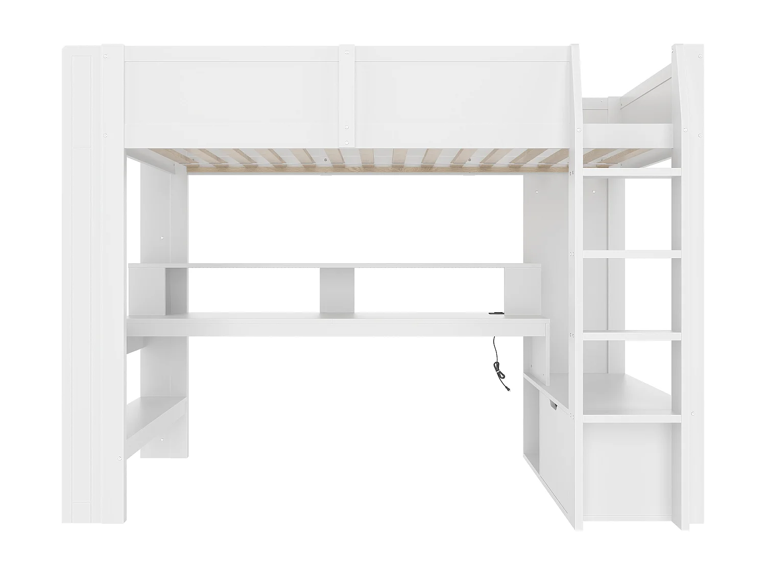 Lit mezzanine enfant - 90 x 200 cm - avec bureau + Leds + 1 tiroir + étagères - pin - blanc
