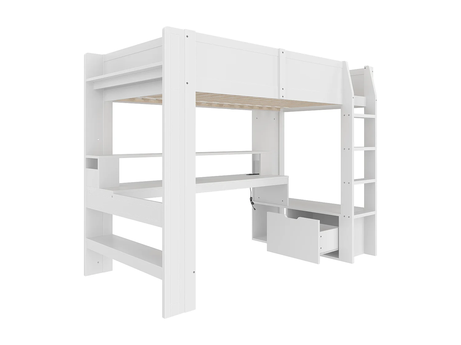 Lit mezzanine enfant - 90 x 200 cm - avec bureau + Leds + 1 tiroir + étagères - pin - blanc