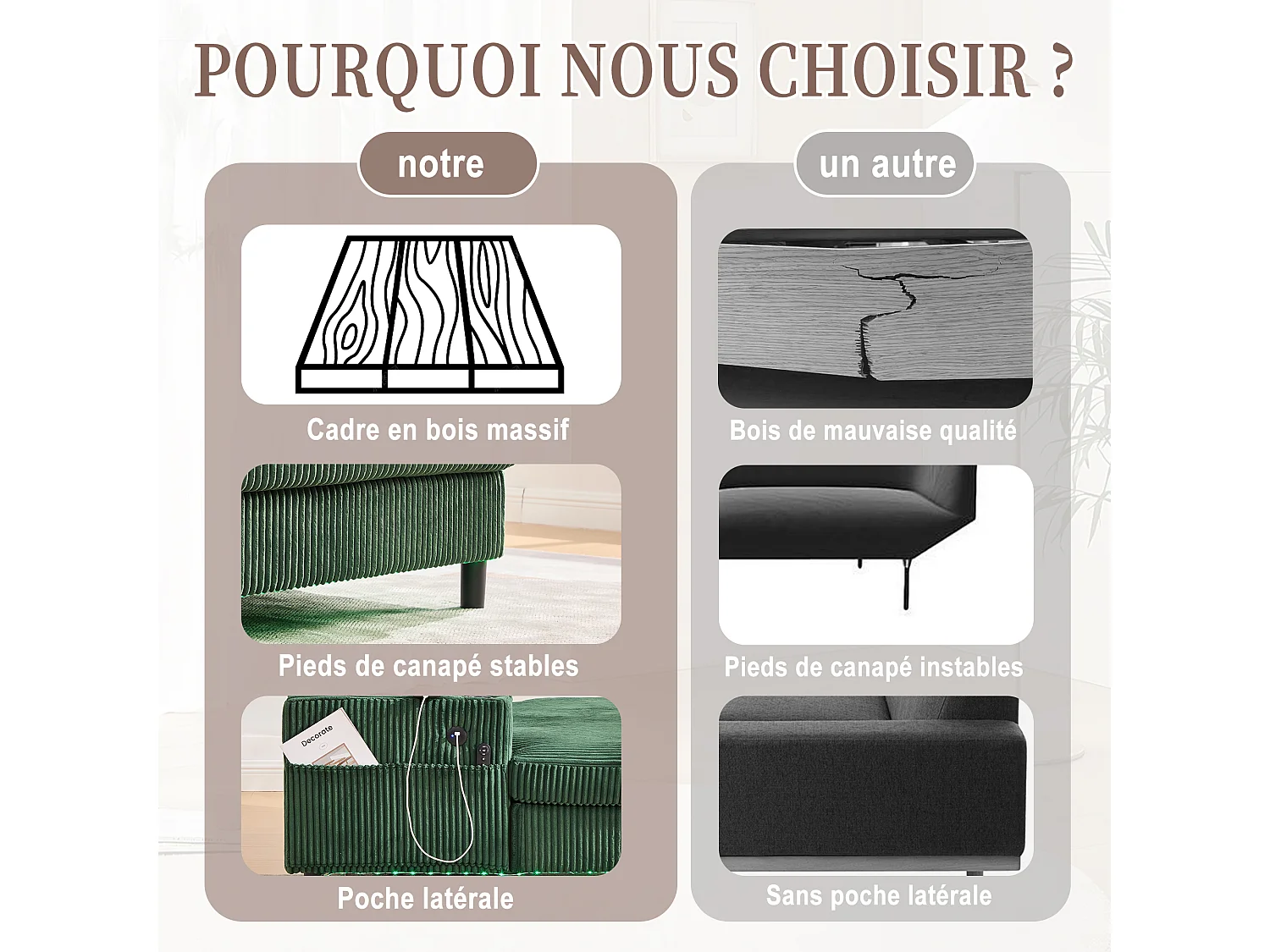 Canapé 1 place fixe en velours vert – double couche pliable – avec LED & port USB - 350kg / 128x85cm