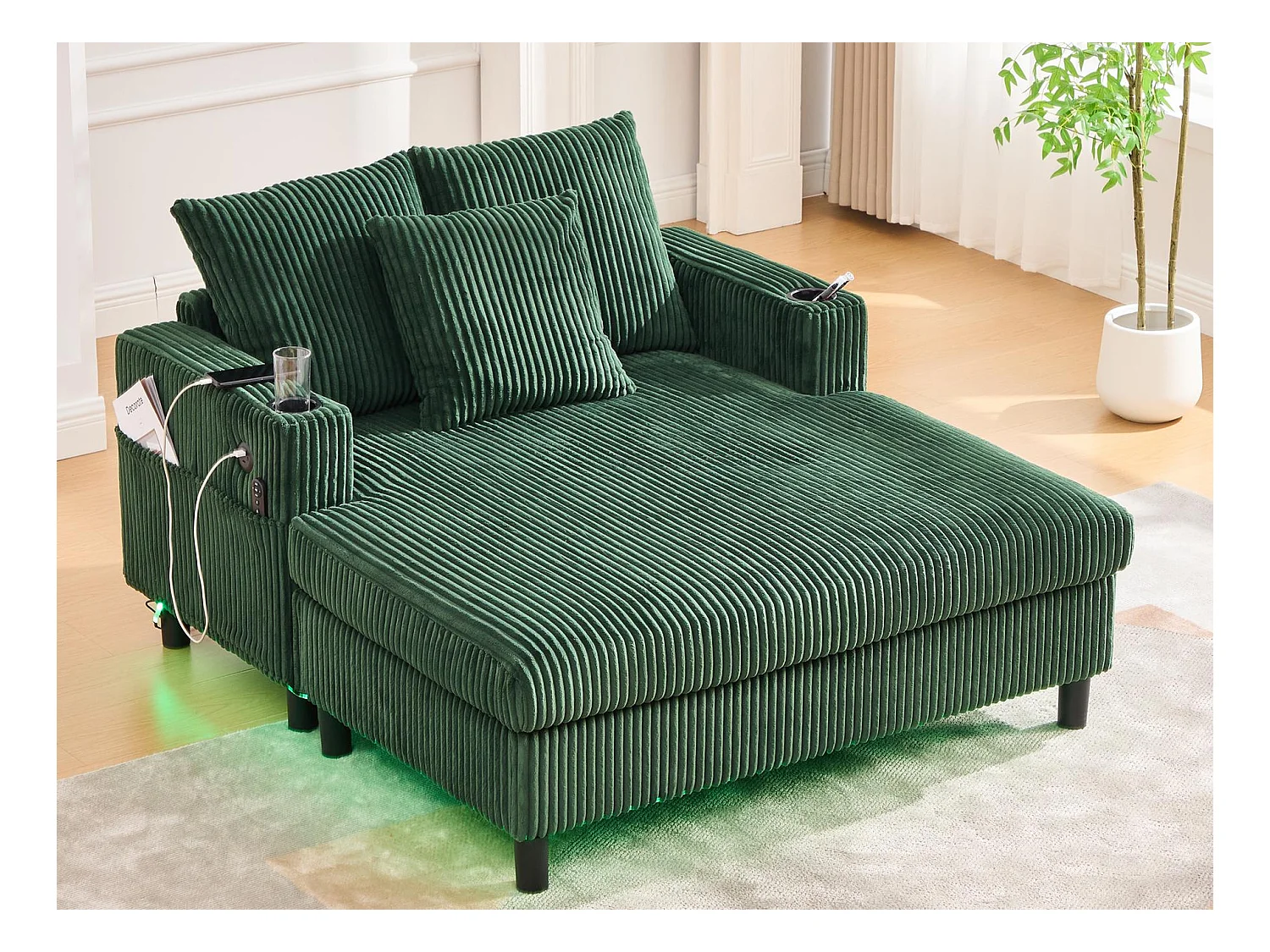 Canapé 1 place convertible en velours vert – double couche pliable – avec LED & port USB - 350kg / 128x85cm