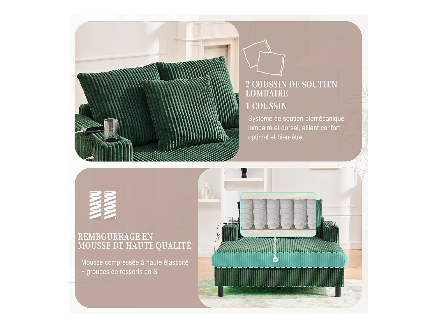 Canapé 1 place convertible en velours vert – double couche pliable – avec LED & port USB - 350kg / 128x85cm